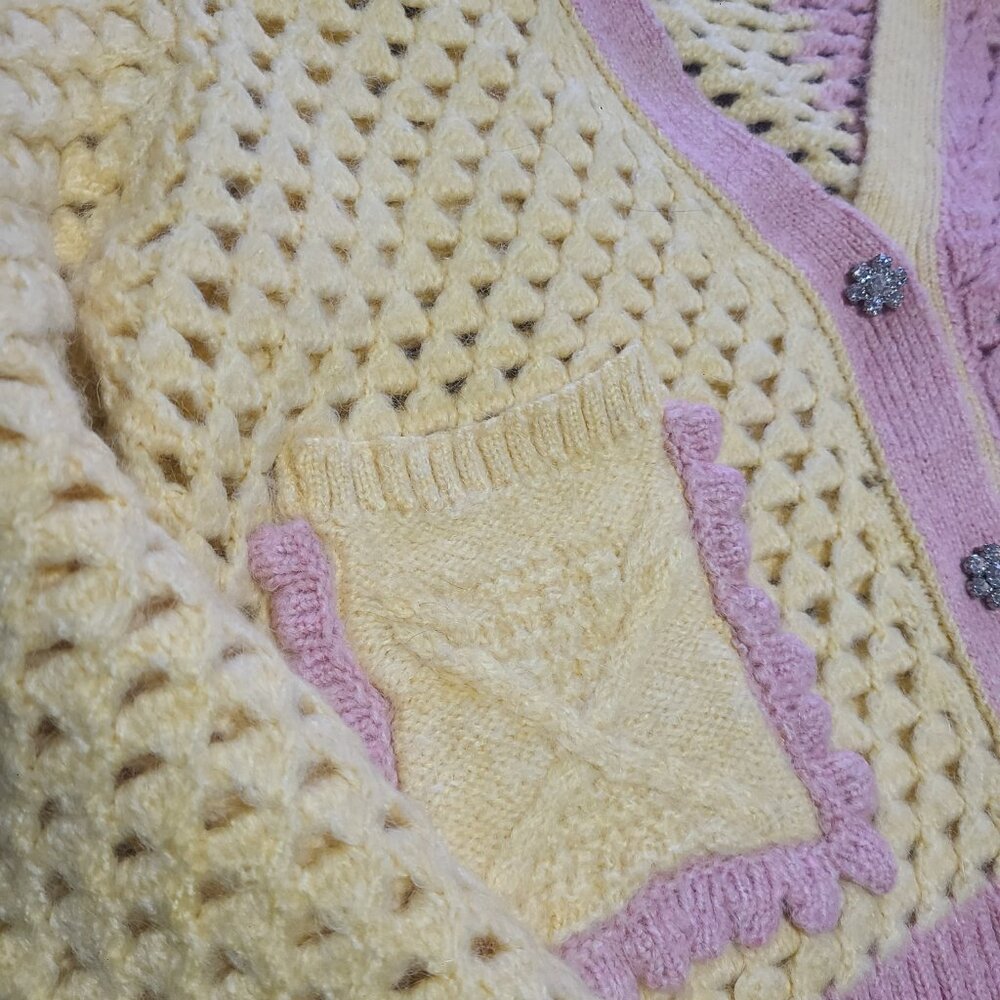 ZARA WOMEN CHUNKY KNIT YELLOW PINK RHINESTONE BUTTON CARDIGAN SWEATER SZ MED - Picture 6 of 11